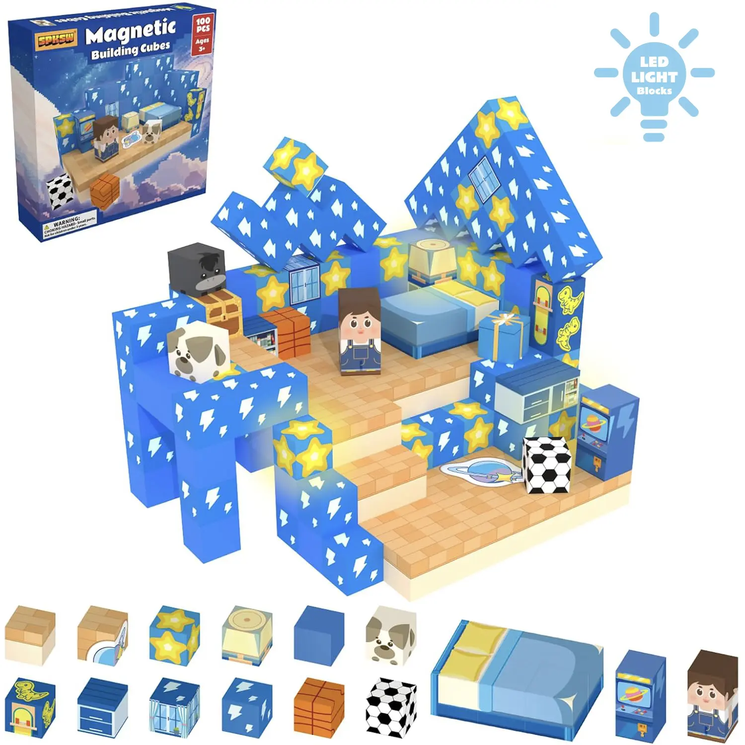 100Pcs Magnetic Tiles Building Bricks & Parts Set - Magnetic Building Cubes, 2 Glow Blocks, 0.8 × 0.8 × 0.8 Inches, BPA Free, Strong Magnets, Sturdy STEM Montessori Sensory Toy, Colorful DIY Castle Blue Dream Room Theme, Perfect Creative Gift for Kids 3-1