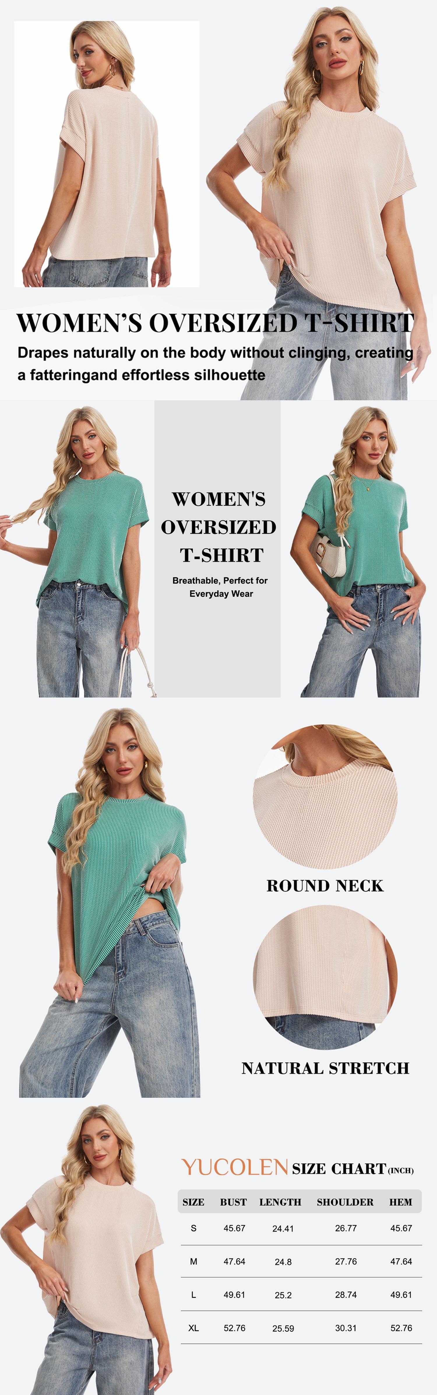 YUCOLEN Oversized Tshirts For Women Short Sleeve Boutique Batwing Tee Tops Plus Size Ribbed Shirts Solid Color Loose Texture Knit Tops Blouses