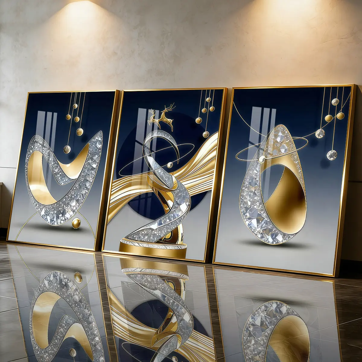 3Pcs Aluminum Alloy Framed Painting, Abstract Golden Deer And Crystal Geometry Art Picture, Home Decoration For Living Room, Bedroom, OfficeWall Decor, Odorless Print Artwork, Luxury Perfect Gift For Friends And Family