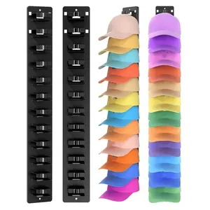 2 Packs Baseball Cap Hat Organizer, Adhesive & Wall Mounted Hat Rack, Layered Hat Storage Holder for Wall Door Closet, Holds Up to 24 Baseball Caps, Black