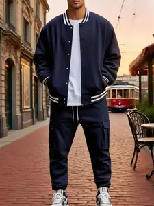 Men Fall Sports Casual Warm Fleece Two Piece Set 2026 Daily Wear Fitted Baseball Jacket Cargo Pants Multi Pocket Essential Menswear