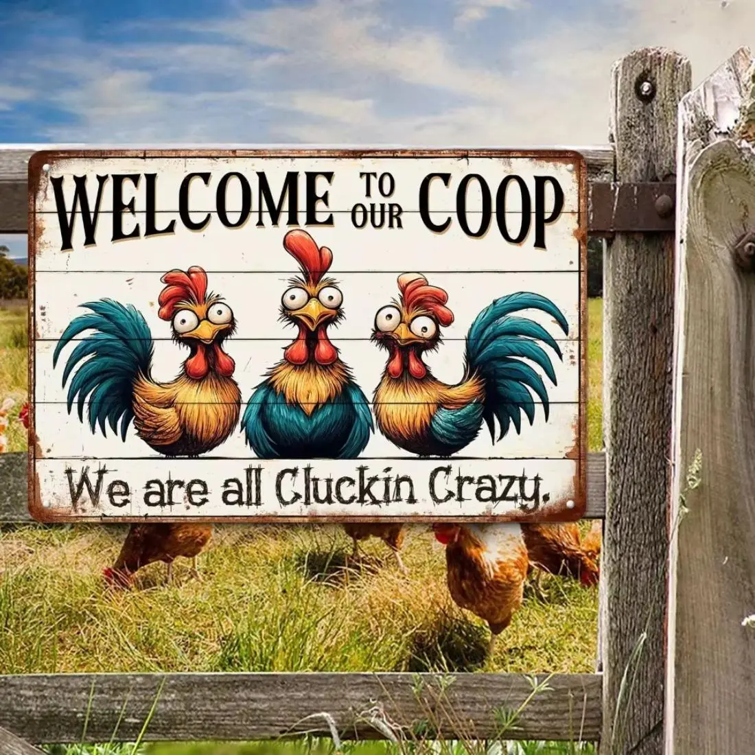 Chicken Coop Design Garden Sign, Welcome To Our Chicken Coop Metal Sign, Durable Weather-resistant Farmhouse Decor with Pre-drilled Holes, Vintage Metal Sign, Aluminum Welcome Plaque