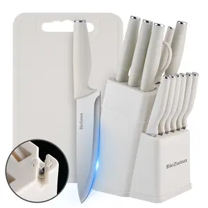 Premium 15-Piece Stainless Steel Kitchen Knife Set with Built-in Sharpener | Includes Chef Knife, Japanese Knife, Meat Cleaver, Bread Knife, Steak Knives & Scissors | Washable, Plastic Handles | Perfect Gift SetPink/Black/White