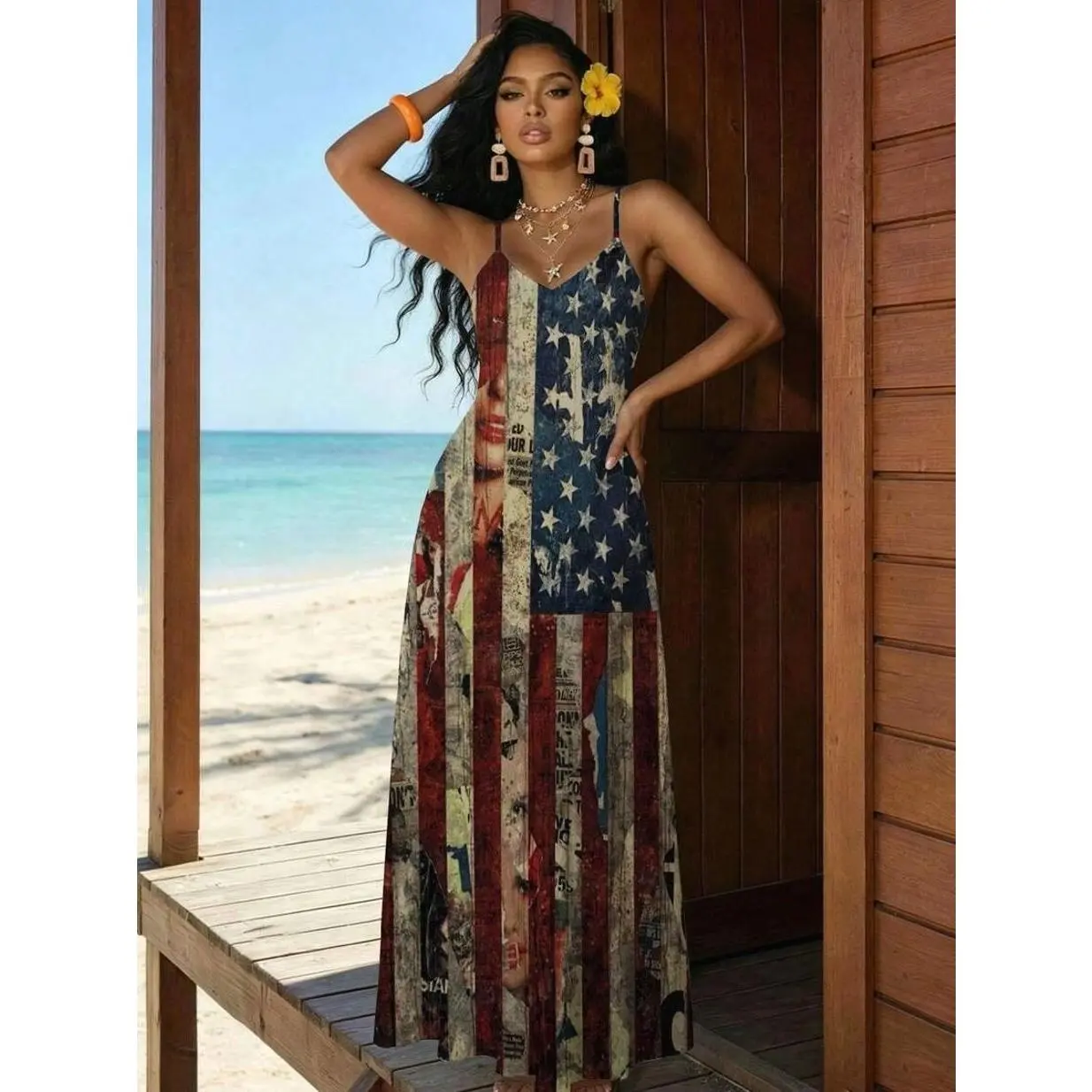 Bohemian Style Dress, Flag Vintage Newspaper Print, Beach Summer Vacation Wear