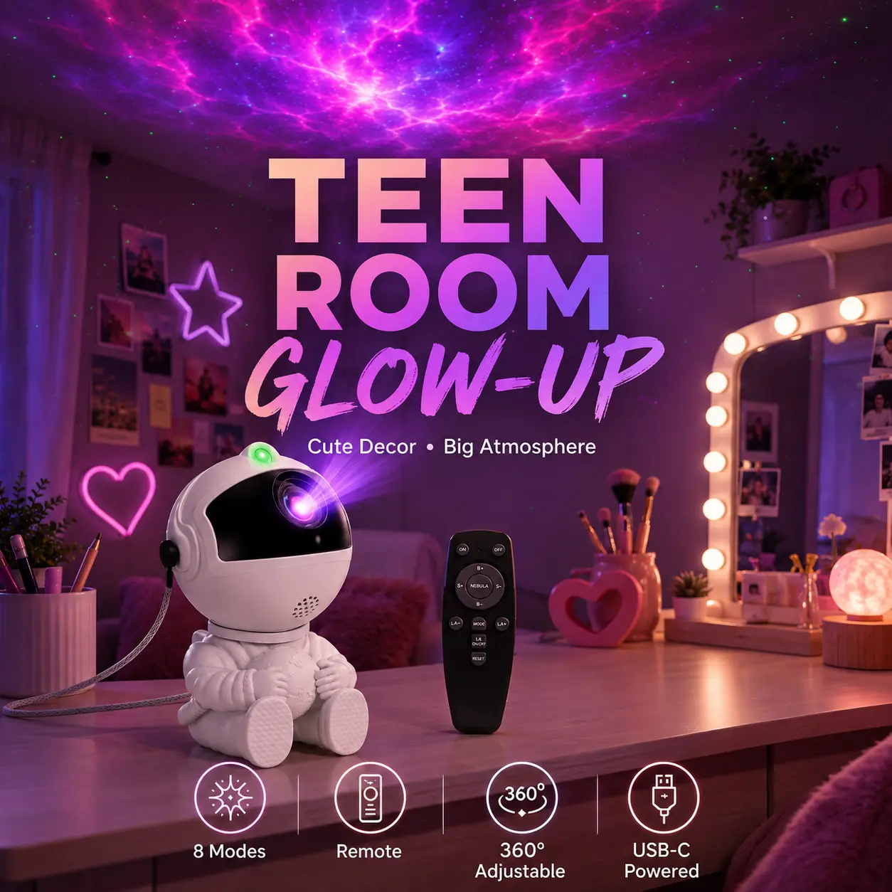 Mini Galaxy Projector Night Light, Astronaut Star & Nebula Lamp with Remote Control, 8 Light Modes, Adjustable Projection, USB-C Powered Mood Light for Bedroom, Game Room & Space Decor