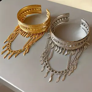 Luxurious and Exaggerated High-End Square Leaf Tassel Open Bracelet in Gold and Silver Finish