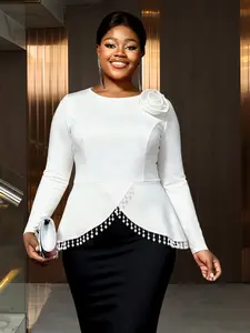 Elegant Plus Size Women's Long Sleeve Top with Beaded Fringe Design, Commuter Party Wear, Slim Fit, Floral Decoration, Fashion Hoodie Jumper