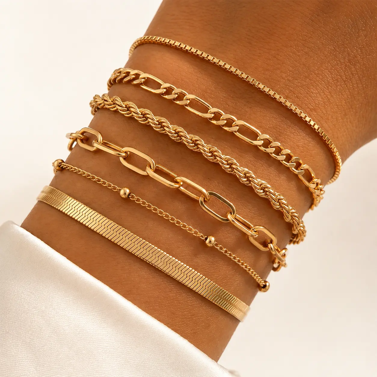 Gold-Tone Layered Bracelet Set for Women, 6 PCS Stackable Chain Bracelets with Paperclip, Herringbone, Rope and Figaro Styles, Fashion Jewelry Accessories Gift