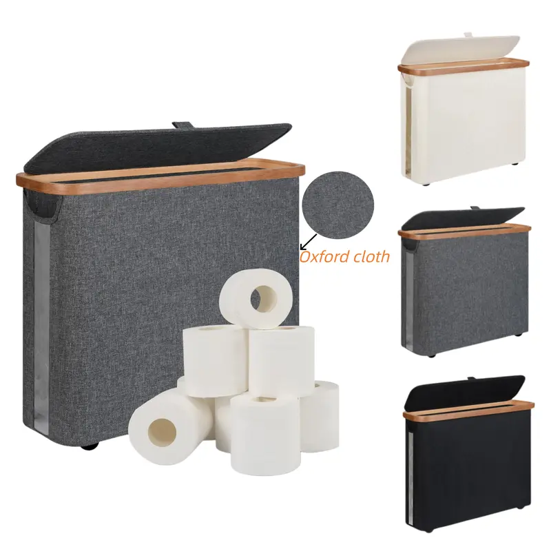 Elegant Narrow Toilet Paper Holder with Lid, Classy Bathroom Tissue Storage Organizer, Waterproof Oxford Fabric for Mega Rolls