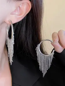 Elegant Silver Color Fringe Bead Large Circle Earrings, Luxurious Noble Style, Full Sparkle Evening Jewelry, Perfect for Formal Events