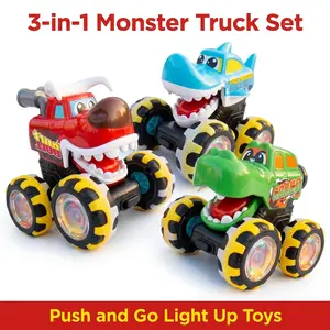 3-in-1 Set with 3 Monster Trucks, Friction Powered, Light Up Wheels & Movable Mouth, Kids Vehicle Toy