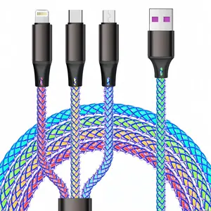Multifunctional 3 In 1 Type-C Data Cable 66W 3 in 1 LED Light Up Charging Cable RGB Flowing LED Light Up Glowing Fast Charging Cord Lighting/Type C/Micro USB Cable