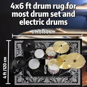 Paisley Drum Rug 4x6ft Drum Mat Outdoor, Tightly Woven Fabric Cool Drum Set Carpet with Non-Slip Grip Bottom, Electric Drum Accessories for Studio, Apartment, Soundproof, Guitar, No Crease.