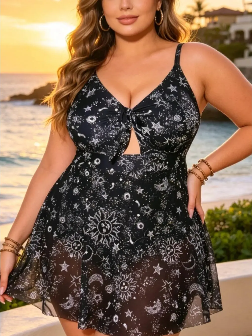 【Plus Size】Women's Plus Size Celestial Star Print 1-Piece Swim Dress Swimsuit - V-Neck, Front Tie Cutout, Sheer Mesh Flared A-Line Skirt, Tummy Control, Full Coverage Bathing Suit for Beach, Modest Swimwear for Women