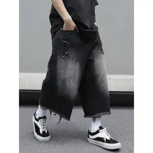 Men’s Plus Size Loose Black Denim Shorts (Jorts), Front Button, Multiple Pockets, Distressed Trim — Perfect for Husbands and Boyfriends, Great for Going Out, Hanging Out, Commuting, Street Style, and Vacations