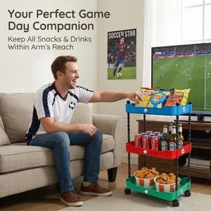 Soccer Red Blue Green Snack Rack Display Stand, Game Day Soccer Buckle Snack Display Racks Cart with Wheels Snack Chips Display Rack Stand for Competition Game Day