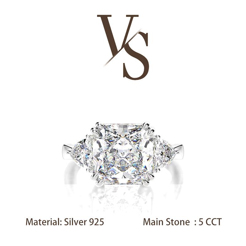[Venus Jewelry] Lab Created Gemstone 5 CCT Square ShapeTriple Stone Design Solid Silver 925 Solitare Ring