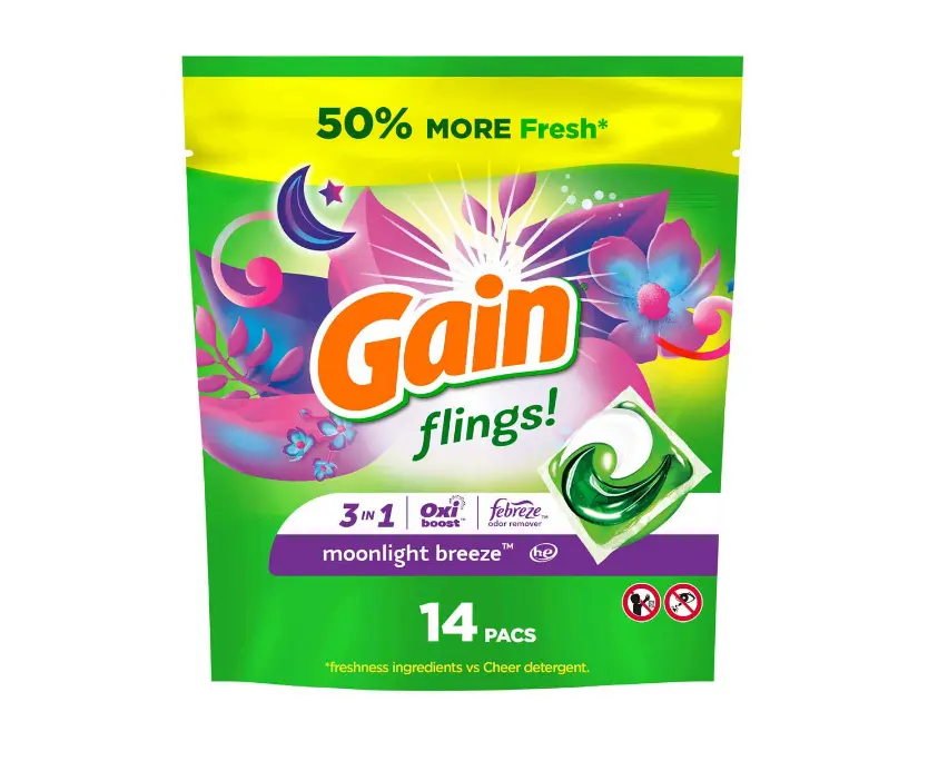 Gain Moonlight Breeze 14ct - 50% More Fresh - 14 Packs of Freshener with "Moonlight Breeze" Formula - "Healthy Ingredients with Clearener" - Gum, Snack