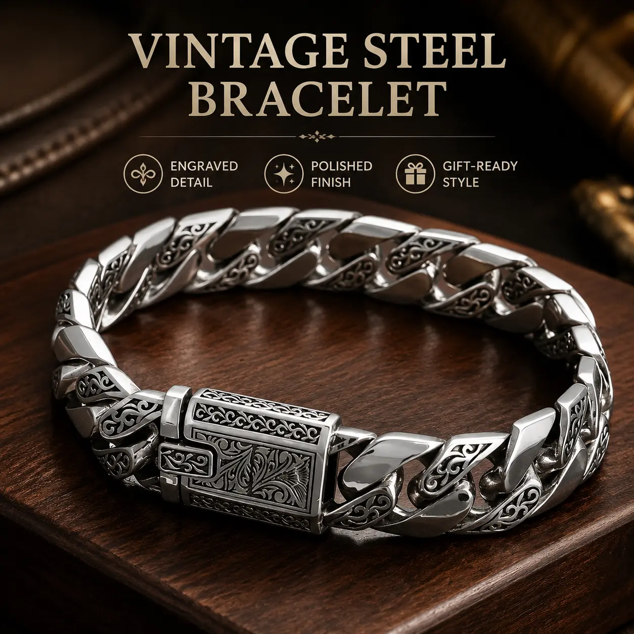 Vintage Silver Chain Bracelet for Men – Engraved Stainless Steel Cuban Link Bracelet, Luxury Retro Style Jewelry Gift