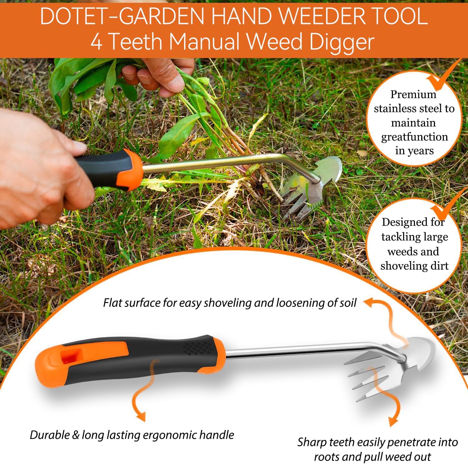 Weed Puller Tool – 4‑Teeth Manganese Steel, Ergonomic Rubber Handle, Portable Garden Weeder for Vegetable Gardening, Farm Planting, Gifts for Gardeners
