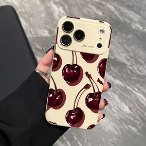 Low-Saturation Retro Red Cherry Pattern Dopamine Ins Style Solid Color Phone Case Ultra Skin Friendly Touch All Inclusive Lens Compatible with Apple iPhone 17 16 15 14 13 12