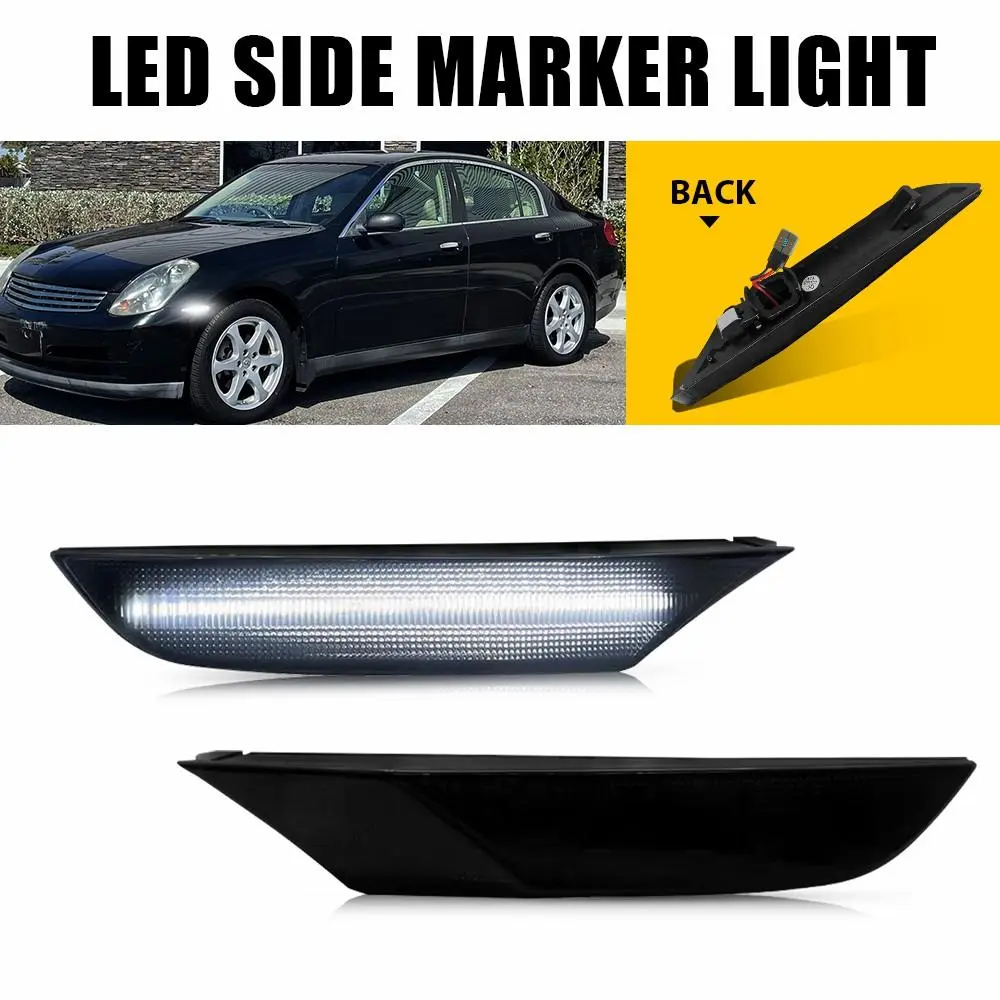 AUTOONE For 2003-2006 Infiniti G35 Sedan 4D White Front Bumper LED Side Marker Lights, Smoked Lens, 2pcs, LED Side Marker Lights White
