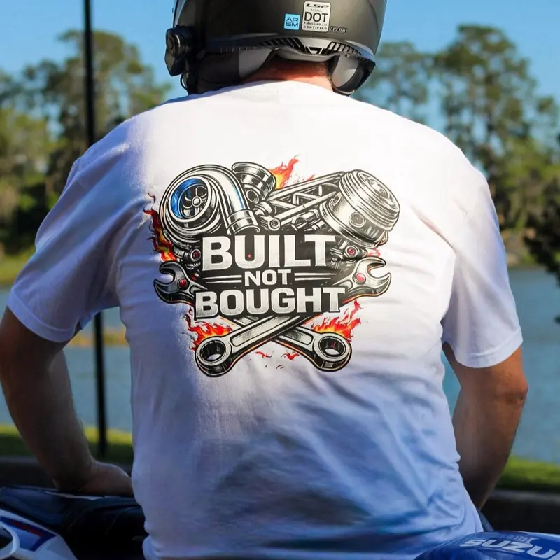 Built Not Bought Mechanic Graphic Gearhead Racing Streetwear Tee with Wrenches and Pistons Design t-shirt