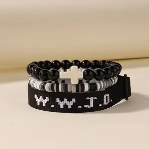 WWJD Beaded Bracelet, Fashionable Cross Charm Decor Beaded Bracelet for Women & Men, Trendy All-match & Exquisite Jewelry for Birthday Gift, Stackable Bracelets Adjustable