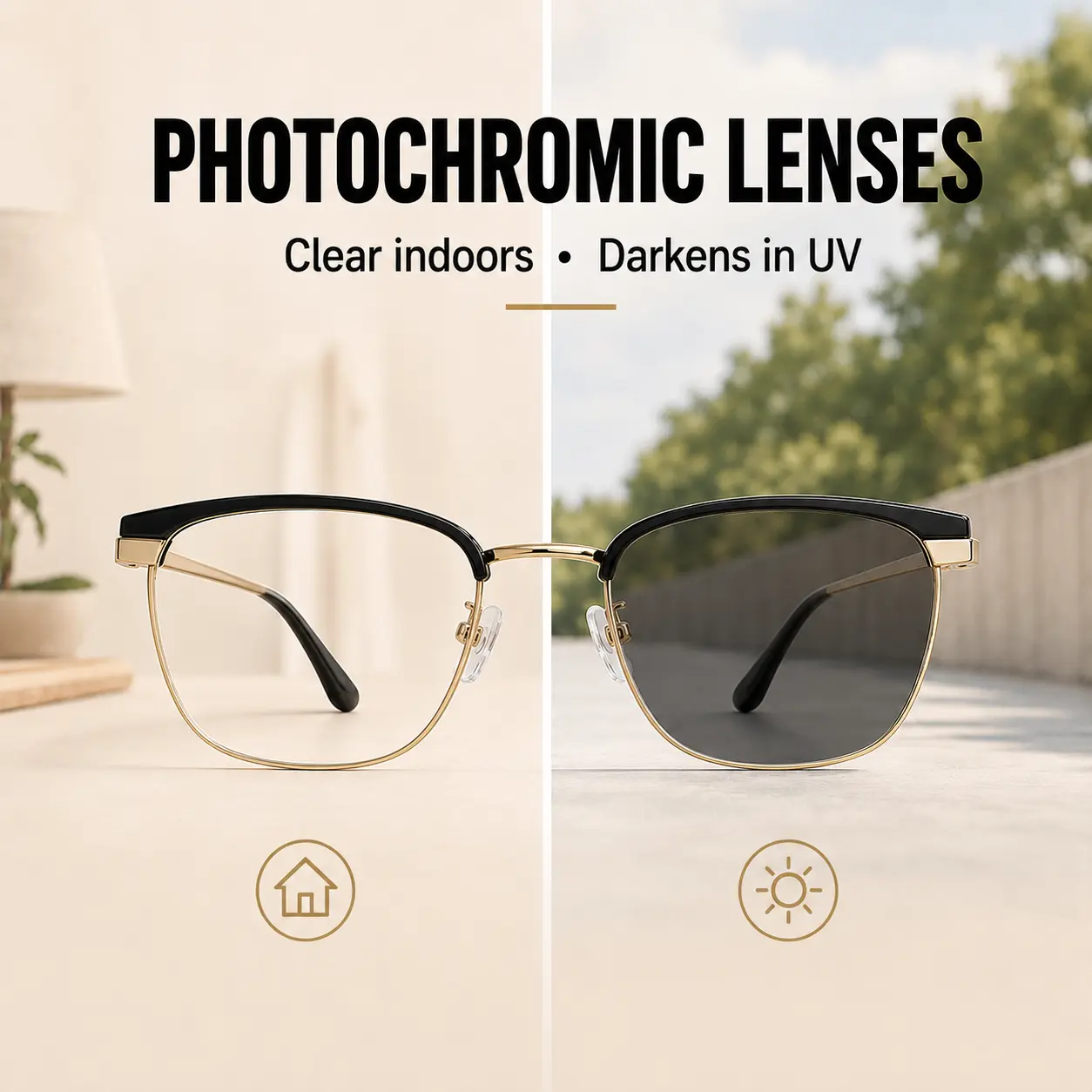 Lightweight Photochromic Reading Glasses, Gold Metal Frame, Blue Light Filter, Unisex Everyday Readers, Daily Screen Use Casual Non-Prescription Readers