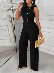 Women's Sleeveless Wide Leg Striped Set, Casual Fitted Pants & Top, All-Season Comfortable for Park Walks & Leisure, Womenswear