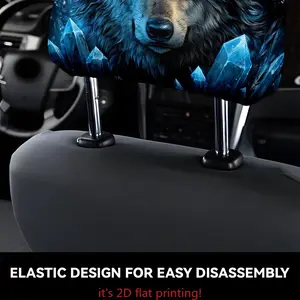 2-Pack Stretchy Car Headrest Covers, 2D Flat Print, Non-Realistic Embroidery, Blue Eye Wolf Shadow Design, Easy Install & Clean, Daily Commute