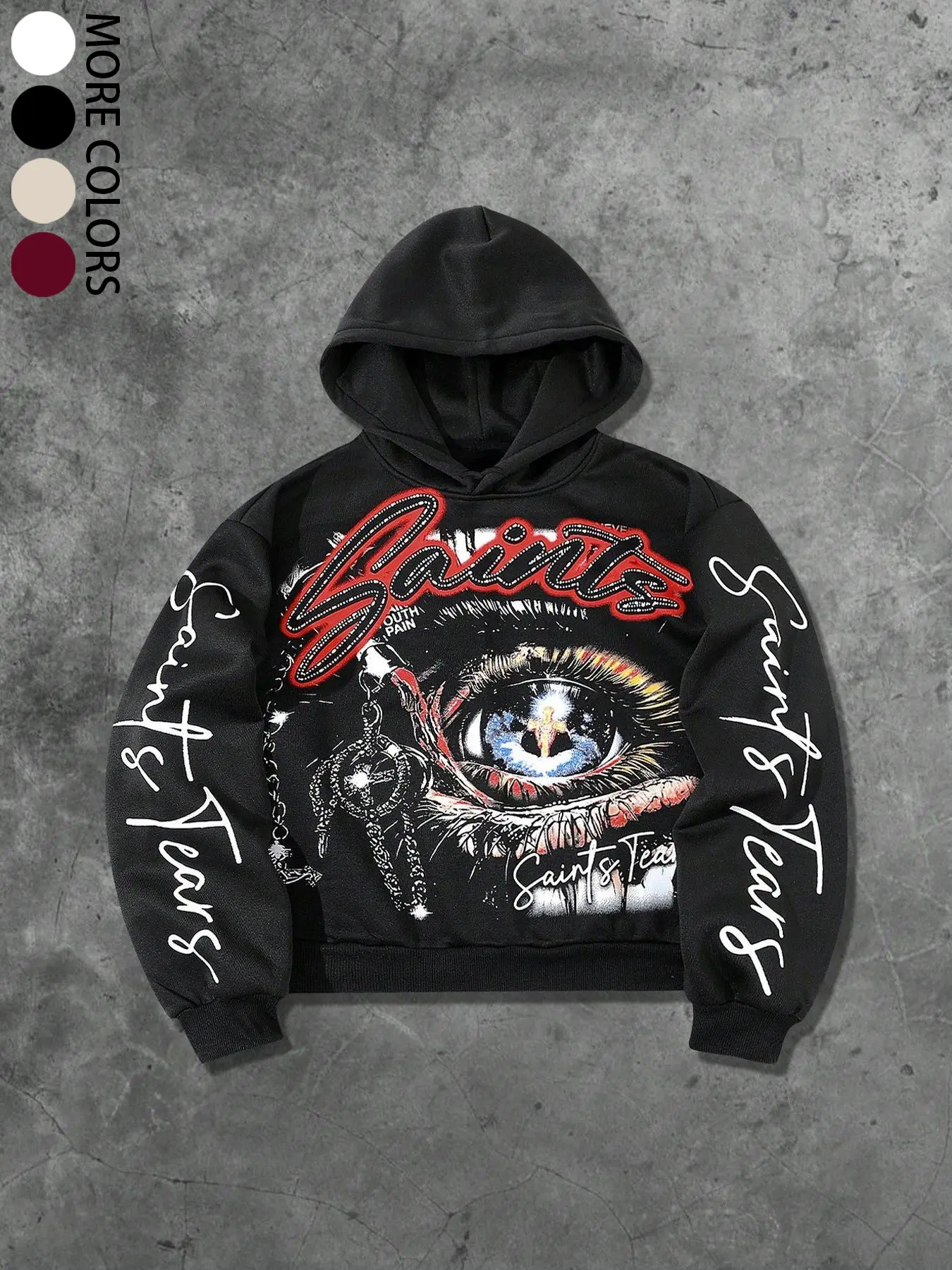 Unisex Saints Tears Graphic Eye Print Hoodie, Gothic Style Hoodie, Dark Y2K Goth Streetwear, Fitted Casual Long Sleeve Sweatshirt for Fall & Winter, Daily Wear, Performance, Hoodie Print Hoodies, Gothic Printed Hoodie