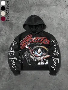 Unisex Saints Tears Graphic Eye Print Hoodie, Gothic Style Hoodie, Dark Y2K Goth Streetwear, Fitted Casual Long Sleeve Sweatshirt for Fall & Winter, Daily Wear, Performance