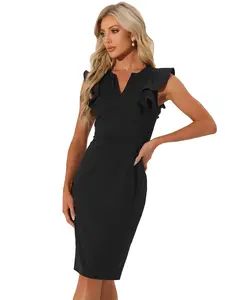 INSPIRE CHIC Business Sheath Split V Neck Sleeves Ruffle Work Dress