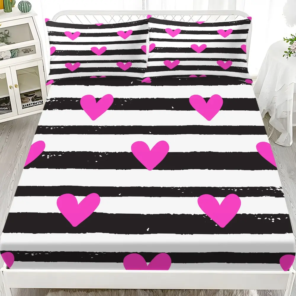 3pcs Printed Bedding Set (1 Fitted Sheet + 2 Pillowcases), Rose Abstract Heart Pattern, Valentine's Day Gift, Breathable Polyester Fiber