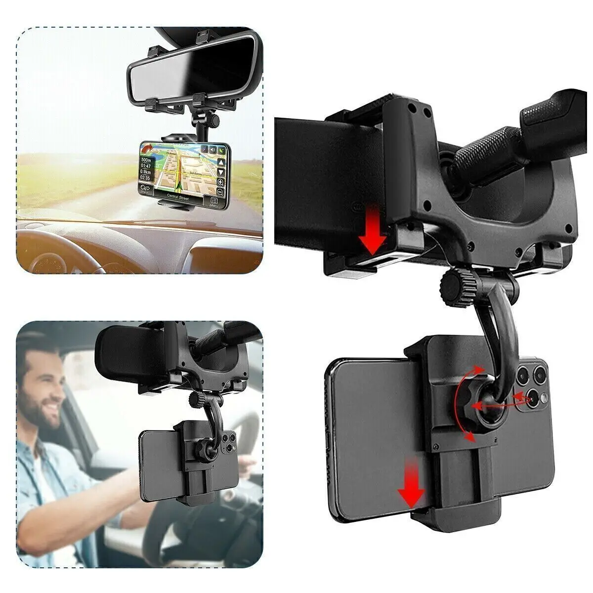 360-Rotation Universal Cell Phone Mount, Car Phone Holder for Rear View Mirror, Bicycle GPS Stand, Cars Accessories for Cycling, Cell Phone Mounts