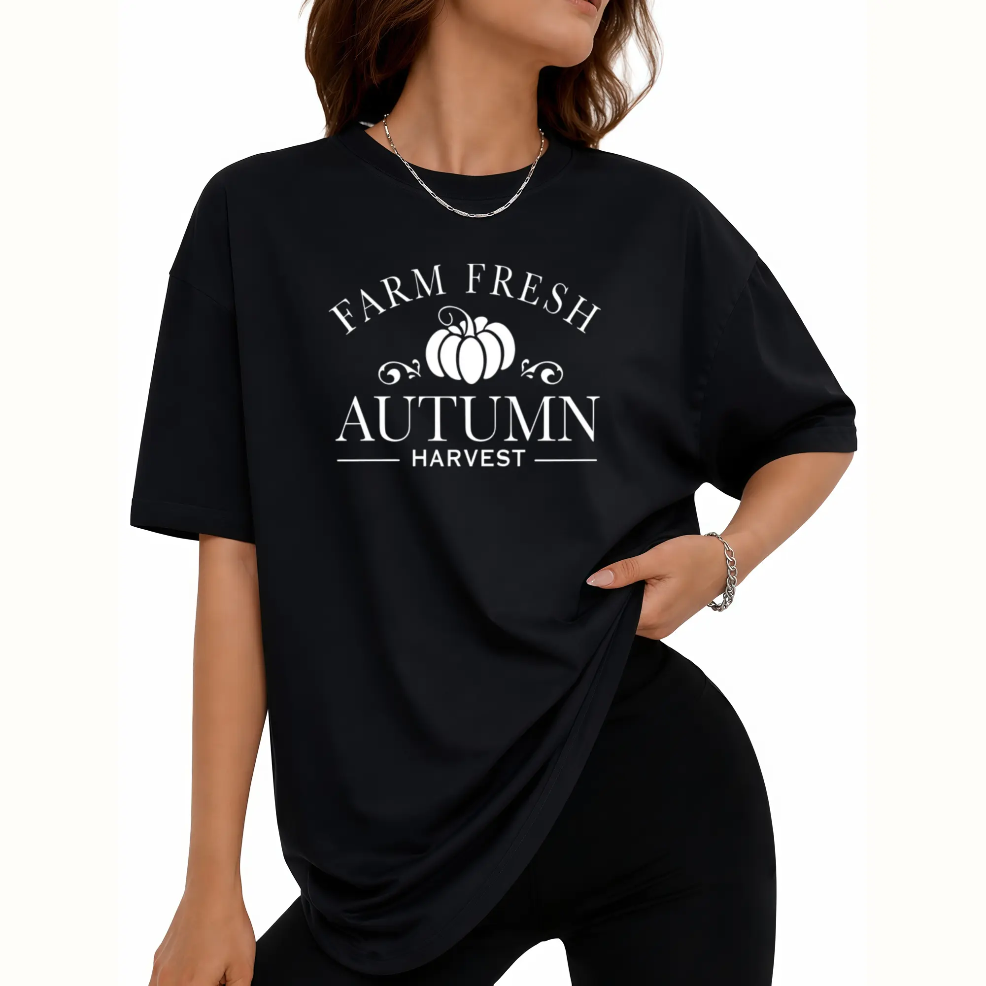 Plus Size - Thanksgiving Themed Women'S Fashion Plus Size Black T-Shirt with 'FARM FRESH AUTUMN HARVEST' Pumpkin Print, Perfect for a Comfortable And Casual Autumn Look.