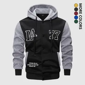 Men’s casual jacket with a drawstring hood, knitted fabric, long sleeves, letter print, front pocket, single-breasted design with button closures, suitable for everyday and casual wear