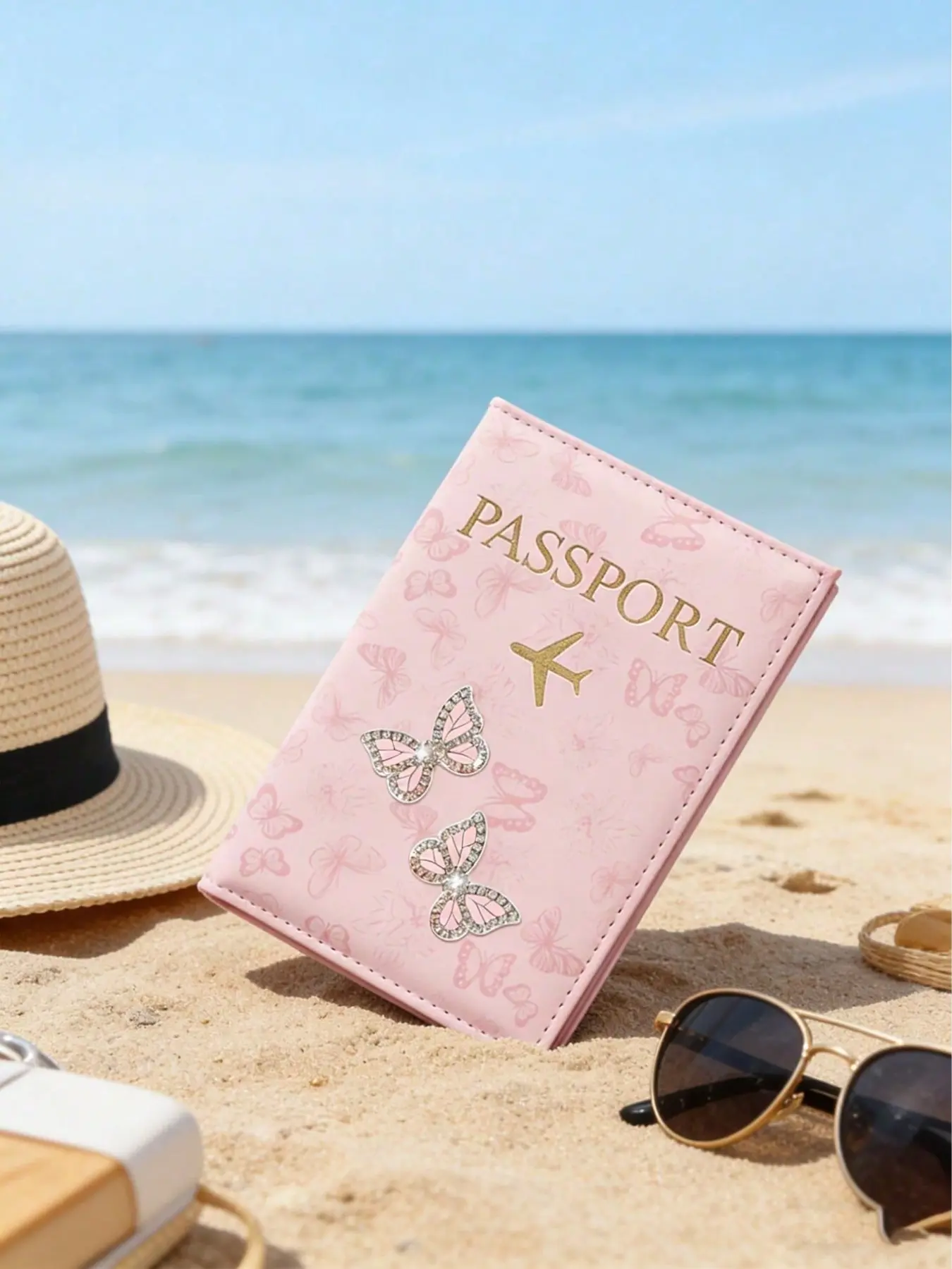 Cute small butterfly minimalist passport cover, pink butterfly inlaid with sparkling rhinestone patch design, passport cover, ID card holder, convenient passport cover, document folder, PU passport protector, cute style