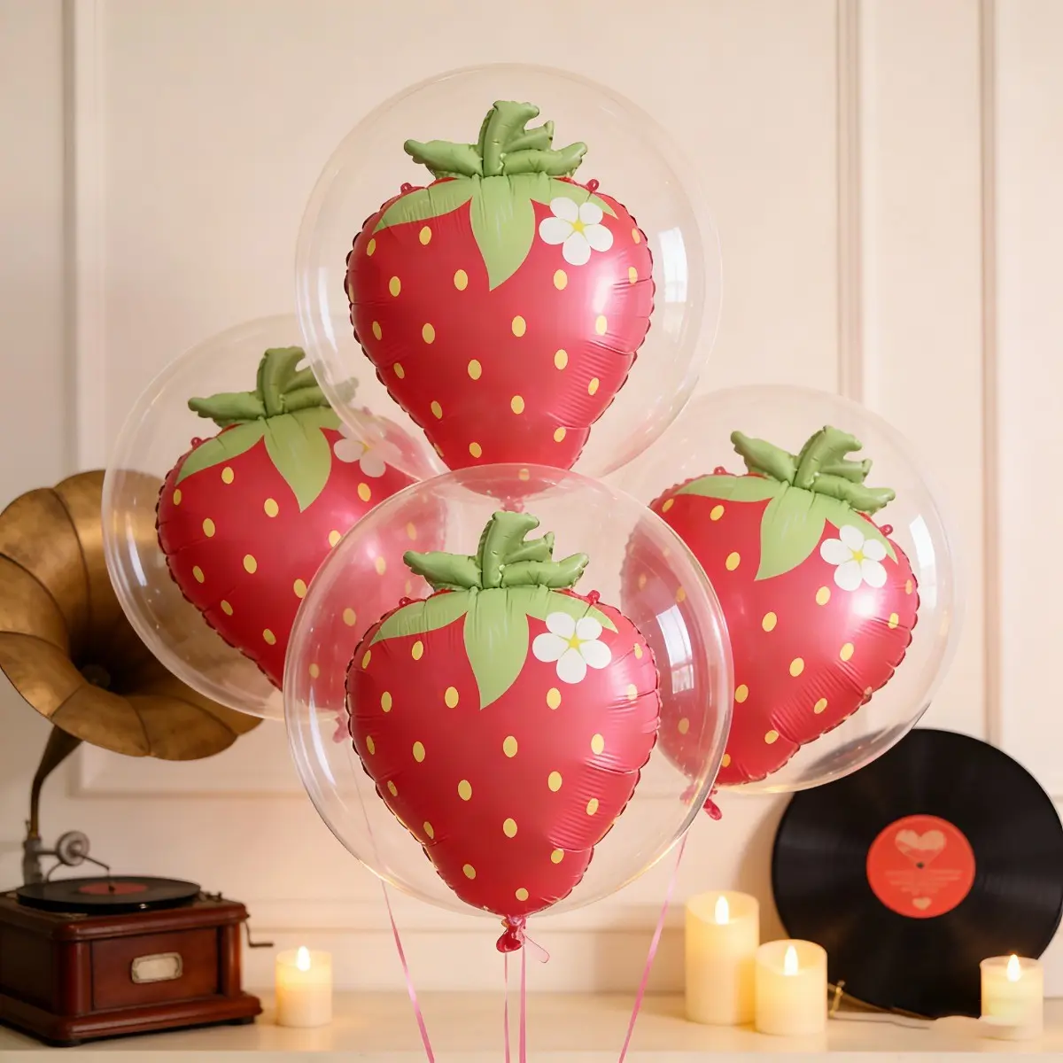 8 Transparent Pop Balls with Strawberry Foil Balloons, Balloon Set, Birthday Wedding Anniversary Party Decorations, Balloon Party Supplies, Christmas New Year Valentine's Day