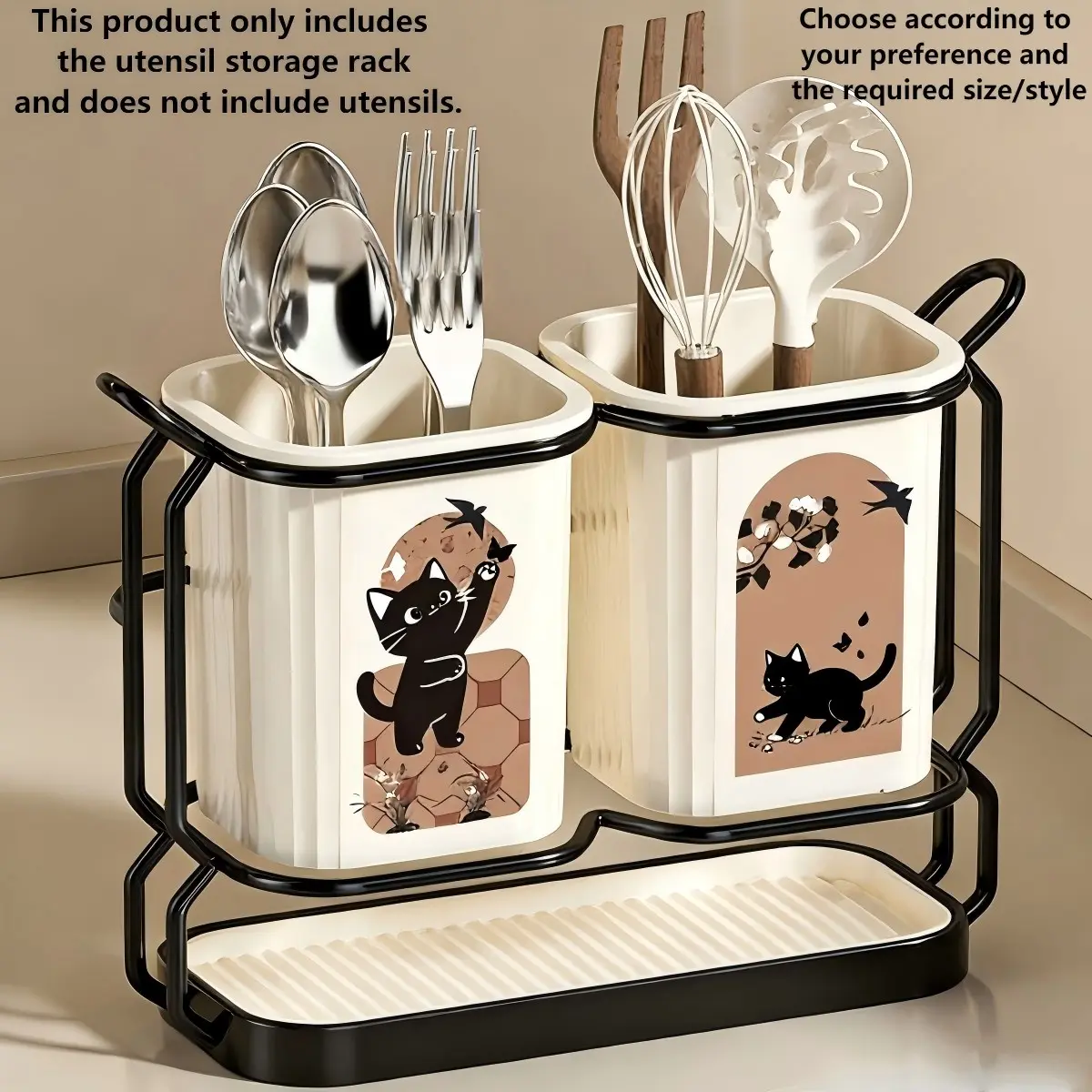 1 Pc Carbon Steel Kitchen Utensil & Knife Holder, Kitchenware with 2 Utensil Buckets, 2-in-1 Countertop & Wall-Mounted Storage Organizer, Removable Drip Tray, Cat Pattern Design, Perfect for Storing Knives, Chopsticks, Spoons, Forks & Cooking Tools