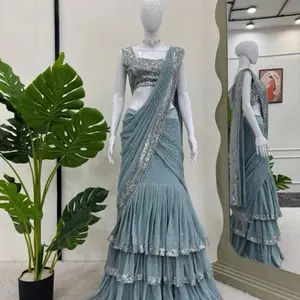 Ready to Wear Saree with Stitch Blouse in Elegant Light Blue with Silver Embellishments