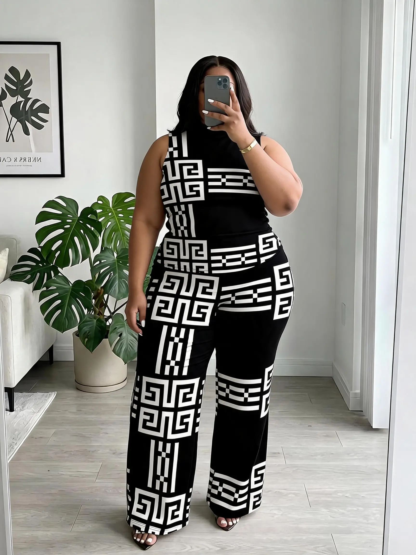 Women's 2026 New Plus Size Printed 2 Piece Set – High Neck Sleeveless Top & Wide Leg Pants, Elegant Casual Stylish Clothing