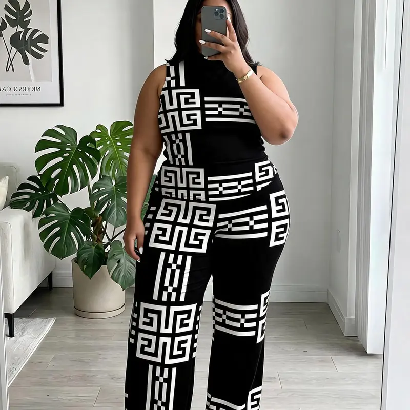 Women's 2026 New Plus Size Printed 2 Piece Set – High Neck Sleeveless Top & Wide Leg Pants, Elegant Casual Stylish Clothing