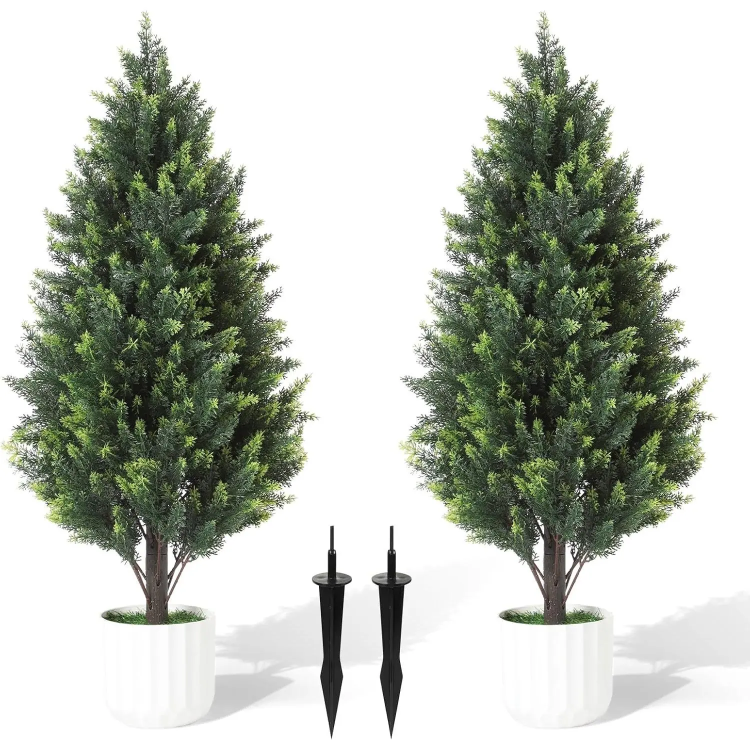 Decorative 3FT Artificial Cedar Topiary Trees Set of 2 - UV-Resistant Artificial Shrubs with Detachable Planter & Spike, Modular Height Adjustment, Natural-Look Faux PE Leaves, Entryway/Patio Indoor/Outdoor Decor