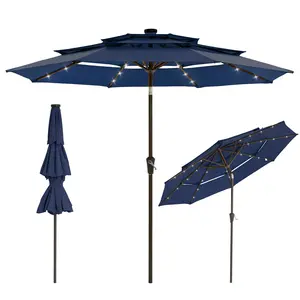 9ft 3-Tier Outdoor Patio Umbrella with 24 LED Lights – Vented Canopy, Easy Crank & Tilt, 8 Sturdy Ribs, UV Protection – Market Sunshade for Garden, Backyard, Deck, Poolside