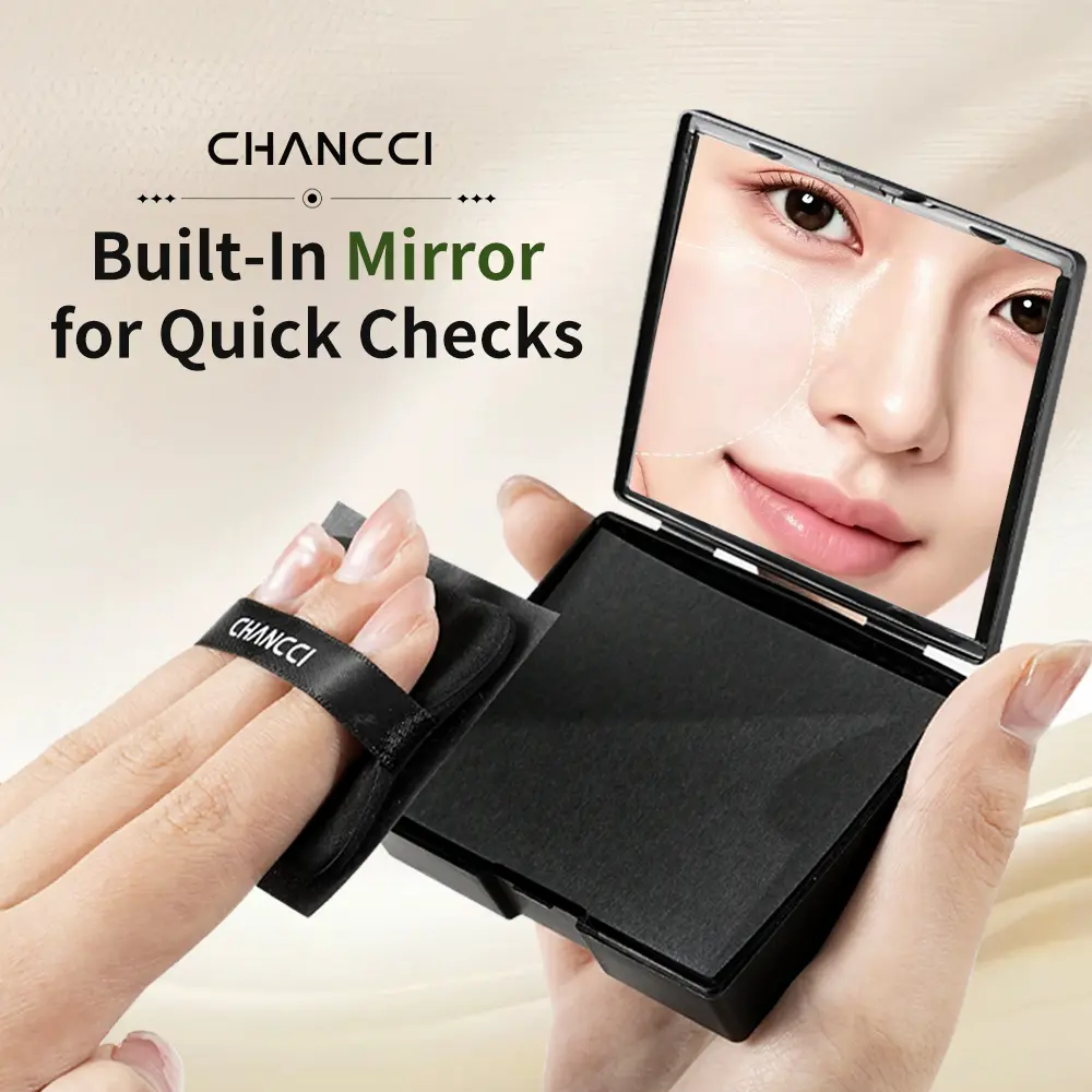 Black Magnetic 2-in-1 Makeup Oil Blotting Setting Sheets with Powder, Mirror, Puff & Recyclable Pack - Gentle Oil Control for Oily Skin, Outdoor Use, Smooth Fresh Look