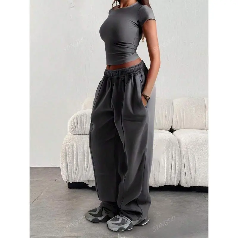 Women's Casual Wide Leg Sweatpants with Drawstring Closure, Basic Loose Fit Polyester Knit Bottoms with Pockets, Long Length, Lady, Wide Legs, Casual Wear