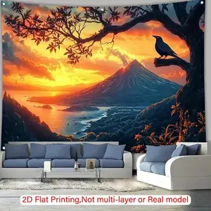 1pc Nature Landscape Tapestry - Volcano & Sunset Scene with Perched Bird, Polyester Wall Hanging for Living Room, Bedroom, or Studio Decor, Perfect for Thanksgiving & Halloween, Ideal Gift for Friends and Family, Room Decor