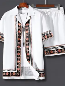 Summer Hawaiian Shirt Set for Men, Loose-Fit Cuban Collar Tee, All over Print, Beach Vacation, Casual Travel Wear